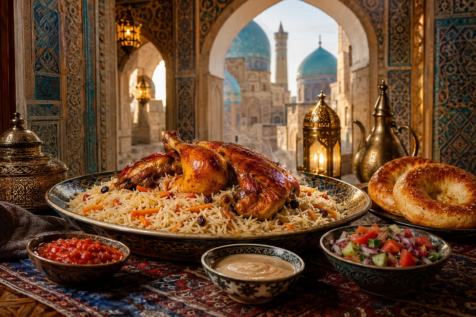 سفرة دجاج بخاري فاخرة داخل أقواس تراثية